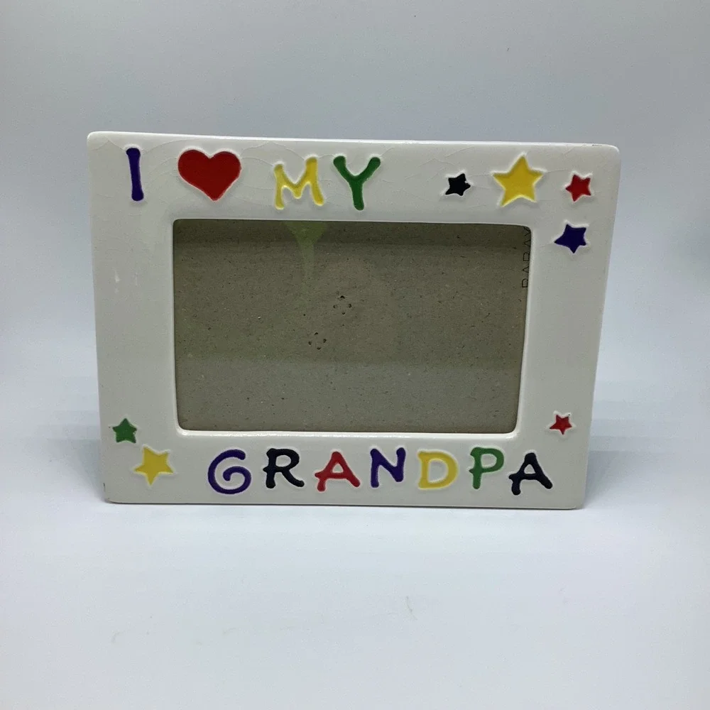 Vintage I Love My Grandpa Ceramic‎ Picture Frame w/ Stars Crackle Glaze Finish
